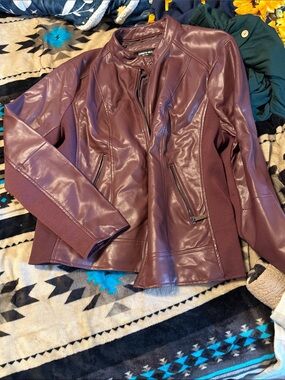 Kenneth Cole Burgundy Faux Leather Moto Jacket